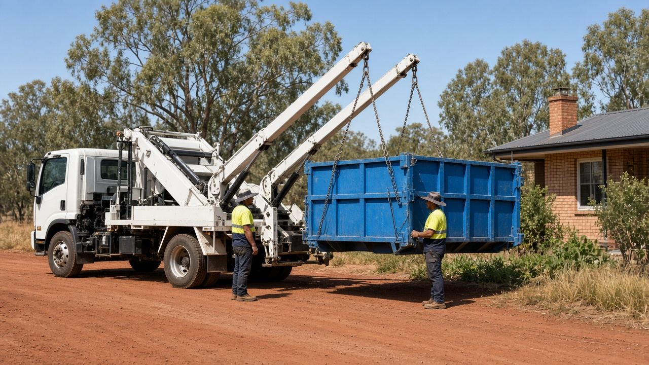 Two workers guiding a blue skip bin as it is lifted onto a truck