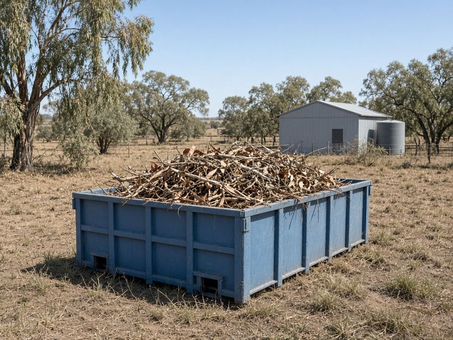 Blue skip bin with dry gum branches after a yard clean-up