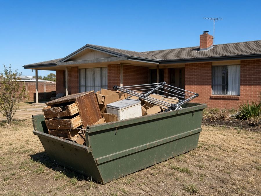 Green skip bin outside a home during a household clean-out