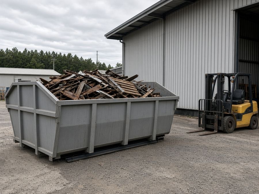 Grey hook-lift bin at an industrial yard with a forklift nearby