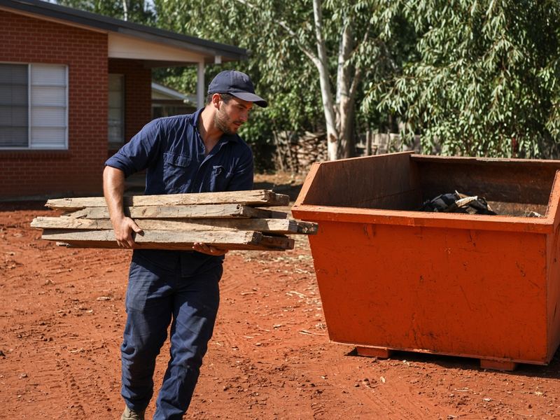 Tradie carrying old floorboards to an orange skip bin