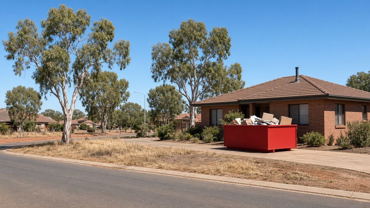 Red skip bin on a driveway in Dubbo with red soil and gum trees