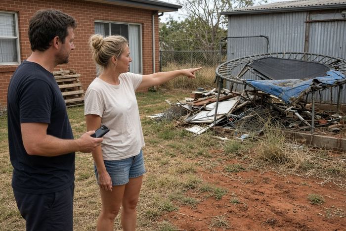 Couple in their Dubbo backyard planning a clean-out next to an old trampoline