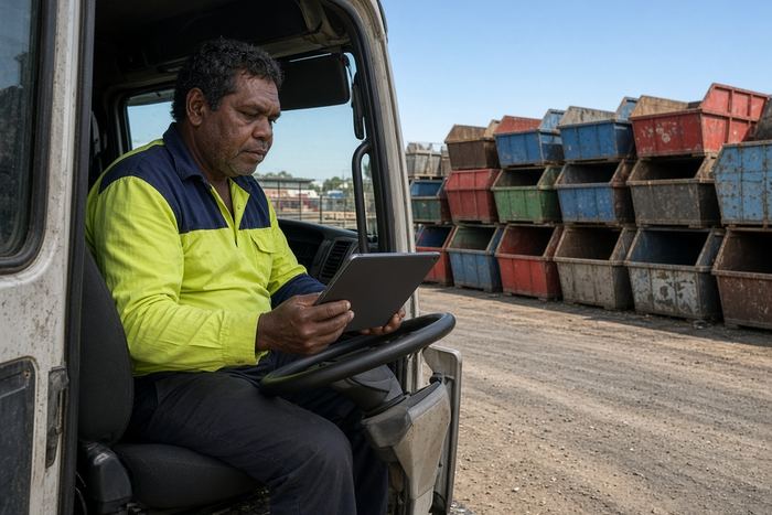 Skip bin operator checking a job on a tablet in a yard of different coloured skips