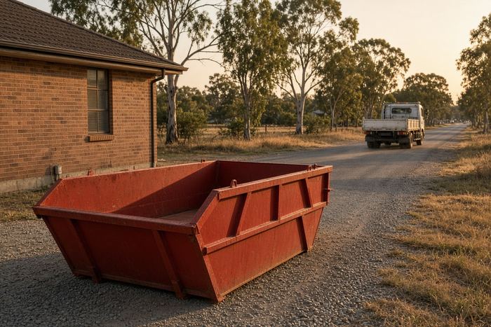 Red skip bin delivered to a property at sunset
